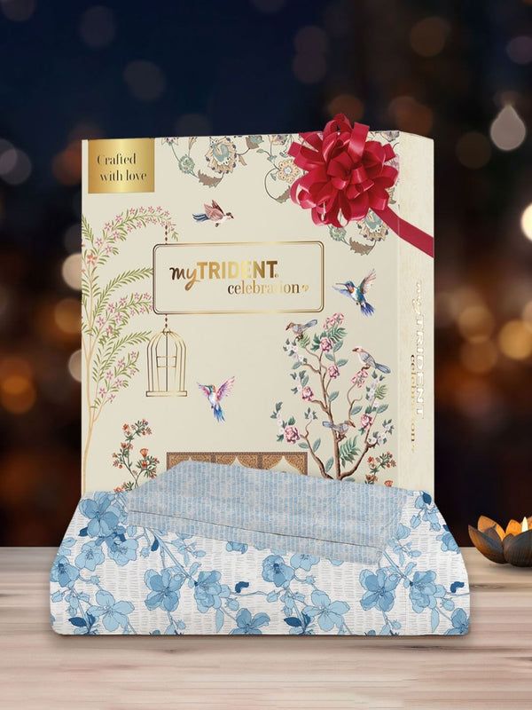 TRIDENT Shabnam Blue Celebration Flat 144TC Queen Cotton Bedsheet Set