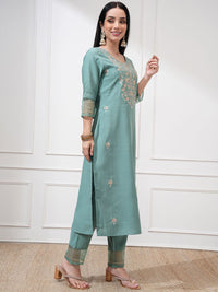 Vishudh Women Sea Embroidered New Roman Kurta with Bott0m and Nylon Organza Dupatta