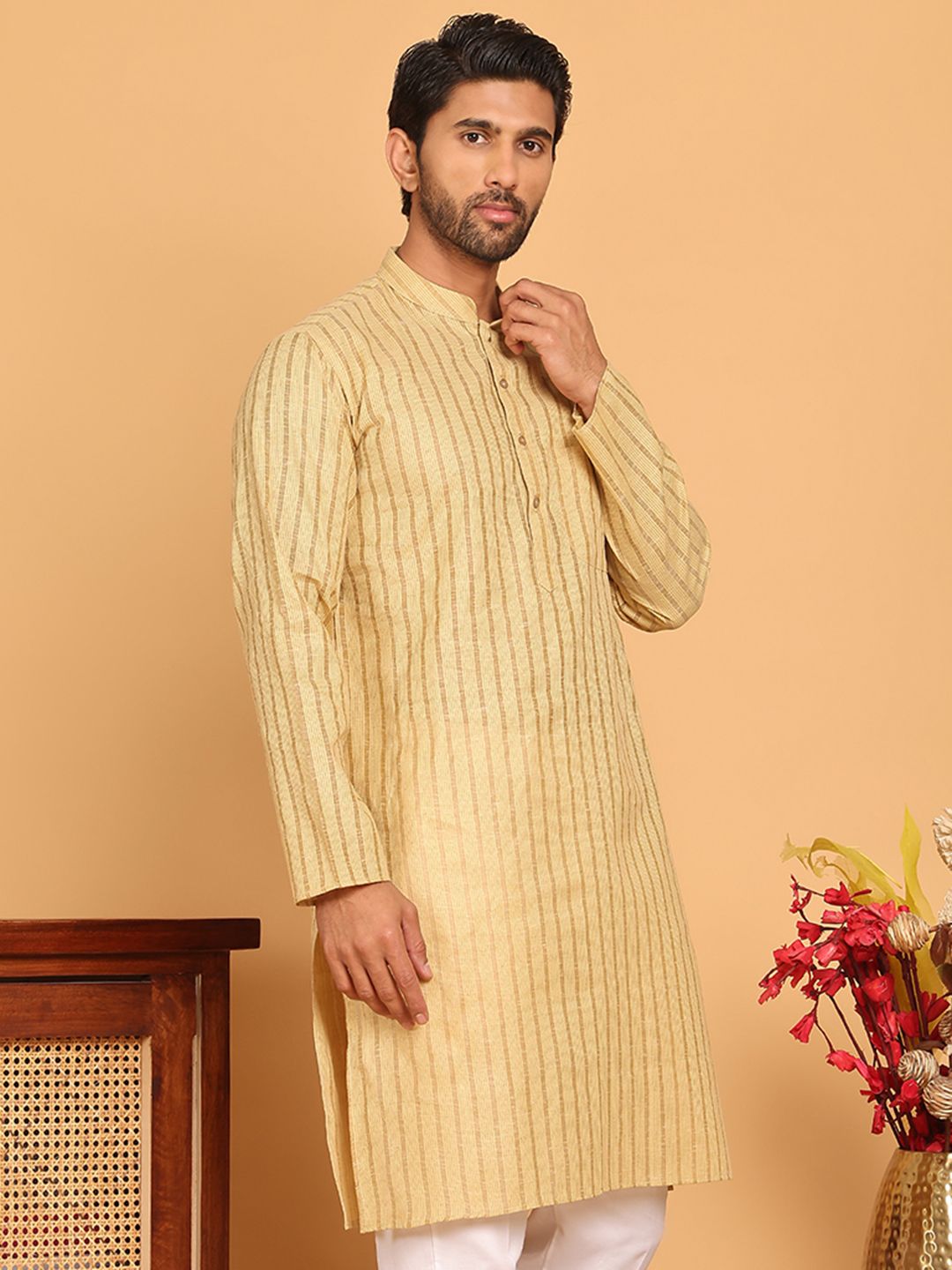 Jompers Striped Mandarin Collar Pure Cotton Straight Kurtas
