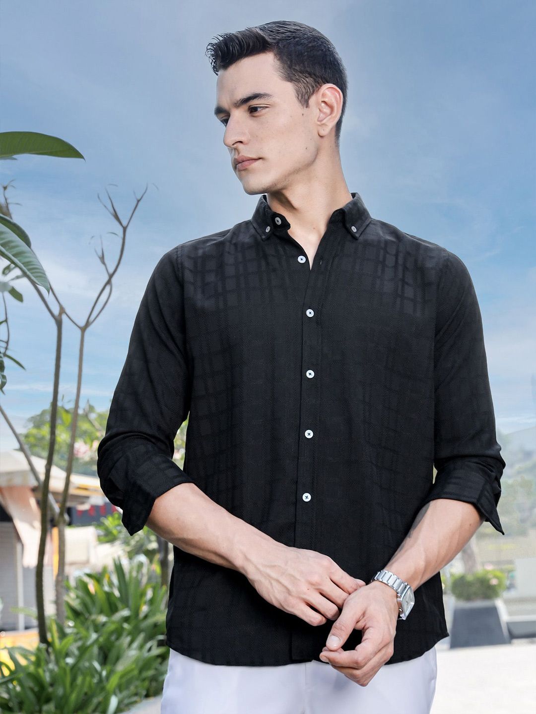 Thomas Scott Men Premium Slim Fit Button-Down Collar Textured Casual Shirt