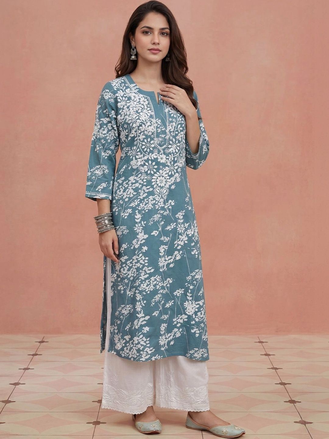 Rumah Wanita Chikankari Kurta Chikankari Sulaman Bunga