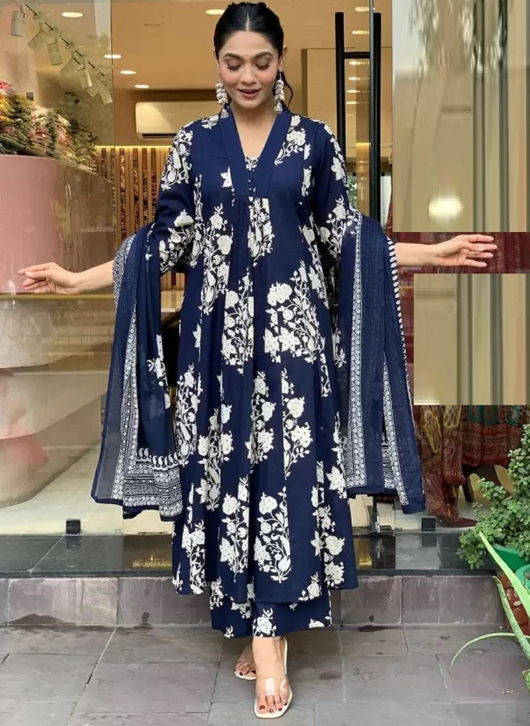 KALINI Floral Printed V-Neck Pleated A-Line Kurta With Trouser And Dupatta