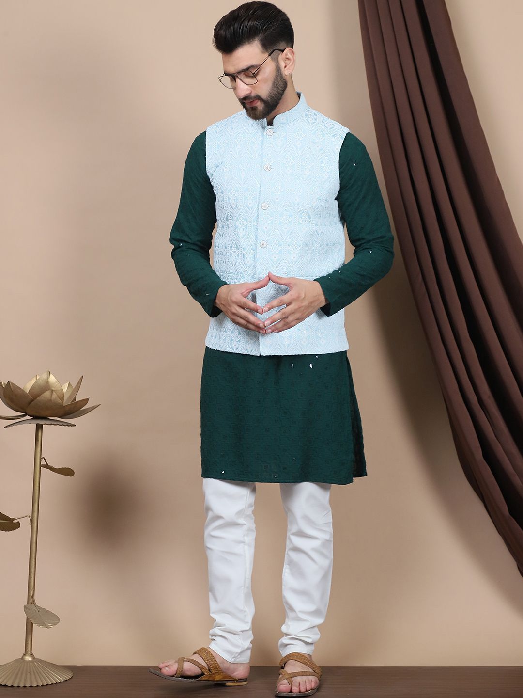 Anouk Floral Embroidered Sequinned Pure Cotton Straight Kurta With Churidar & Nehru Jacket
