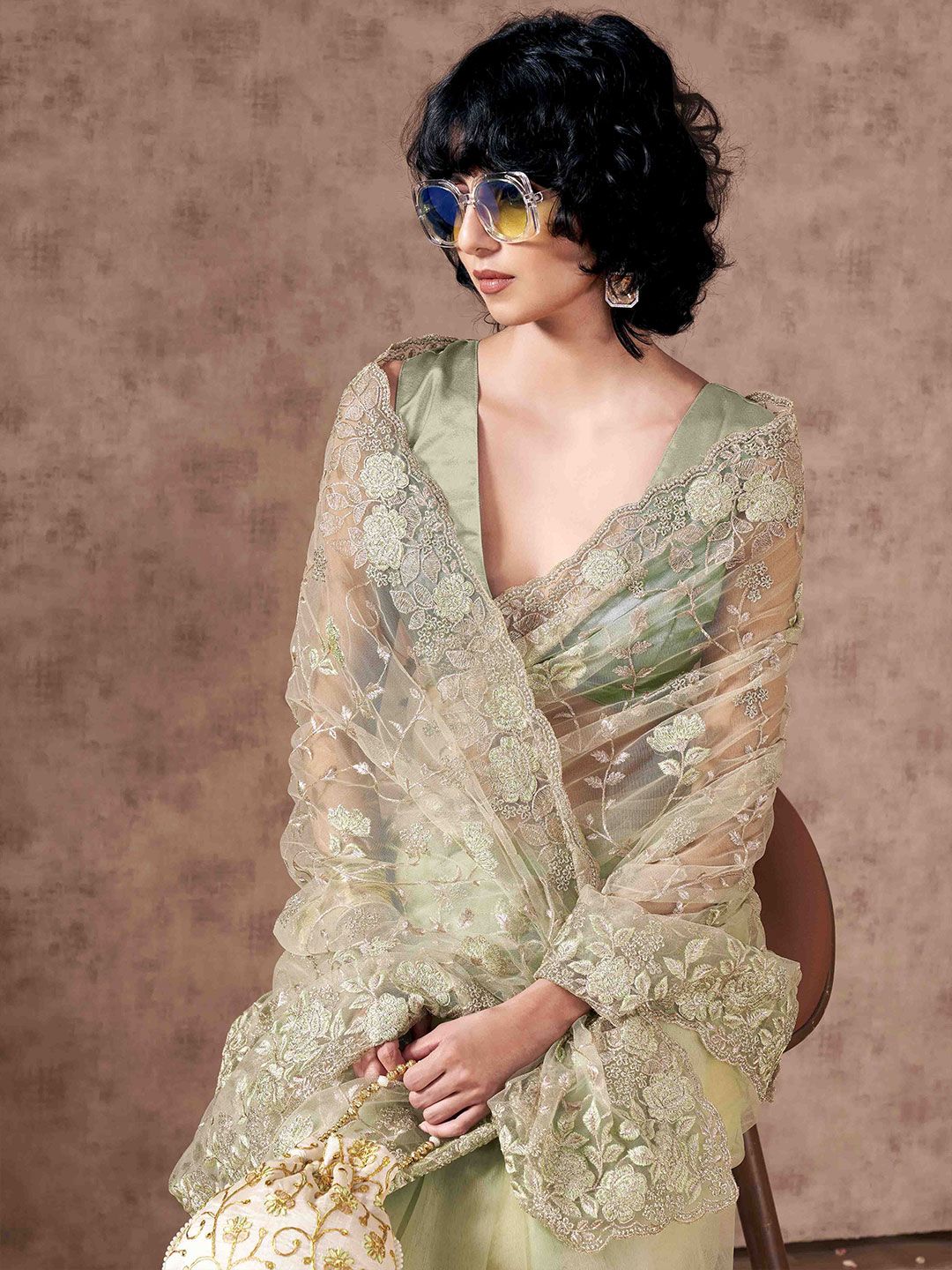 Tikhi Imli Floral Embroidered Net Saree