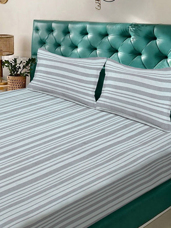 KLOTTHE Grey Polycotton Striped Dipasang 300 GSM Double Bedsheet