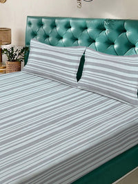 KLOTTHE Grey Polycotton Striped Dipasang 300 GSM Double Bedsheet