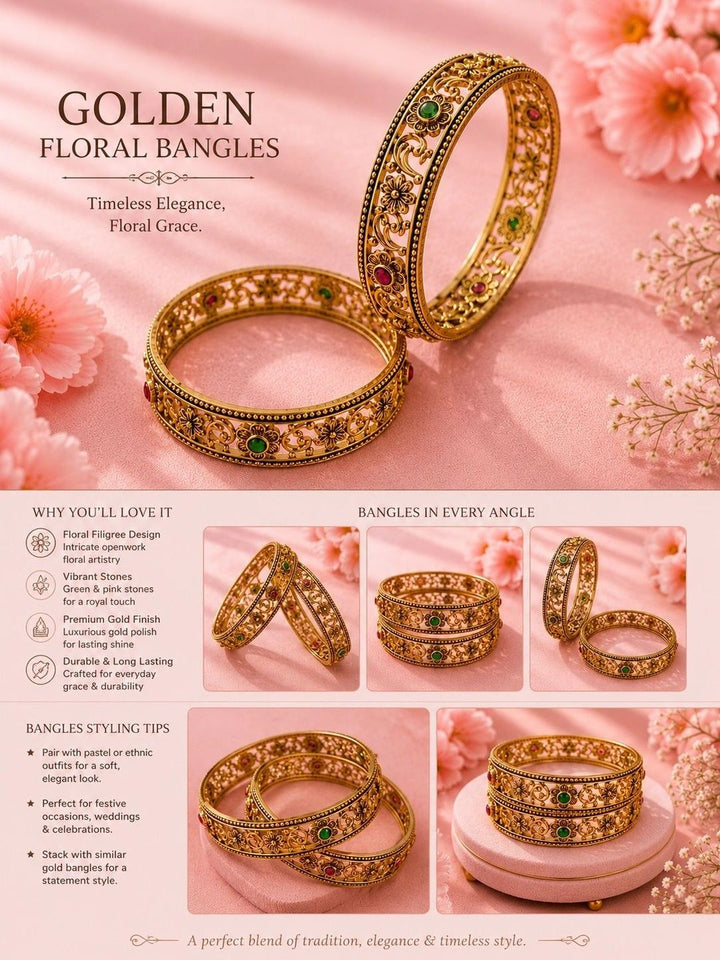 PANASH Set Of 2 Gold-Plated Artificial Stones Studded Bangles