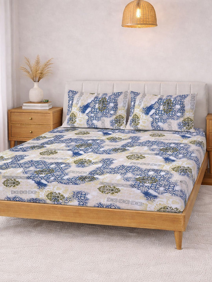 KLOTTHE Blue Geometric Printed Dilengkapi Cadar Katil Super King 400TC Dengan 2 Sarung Bantal