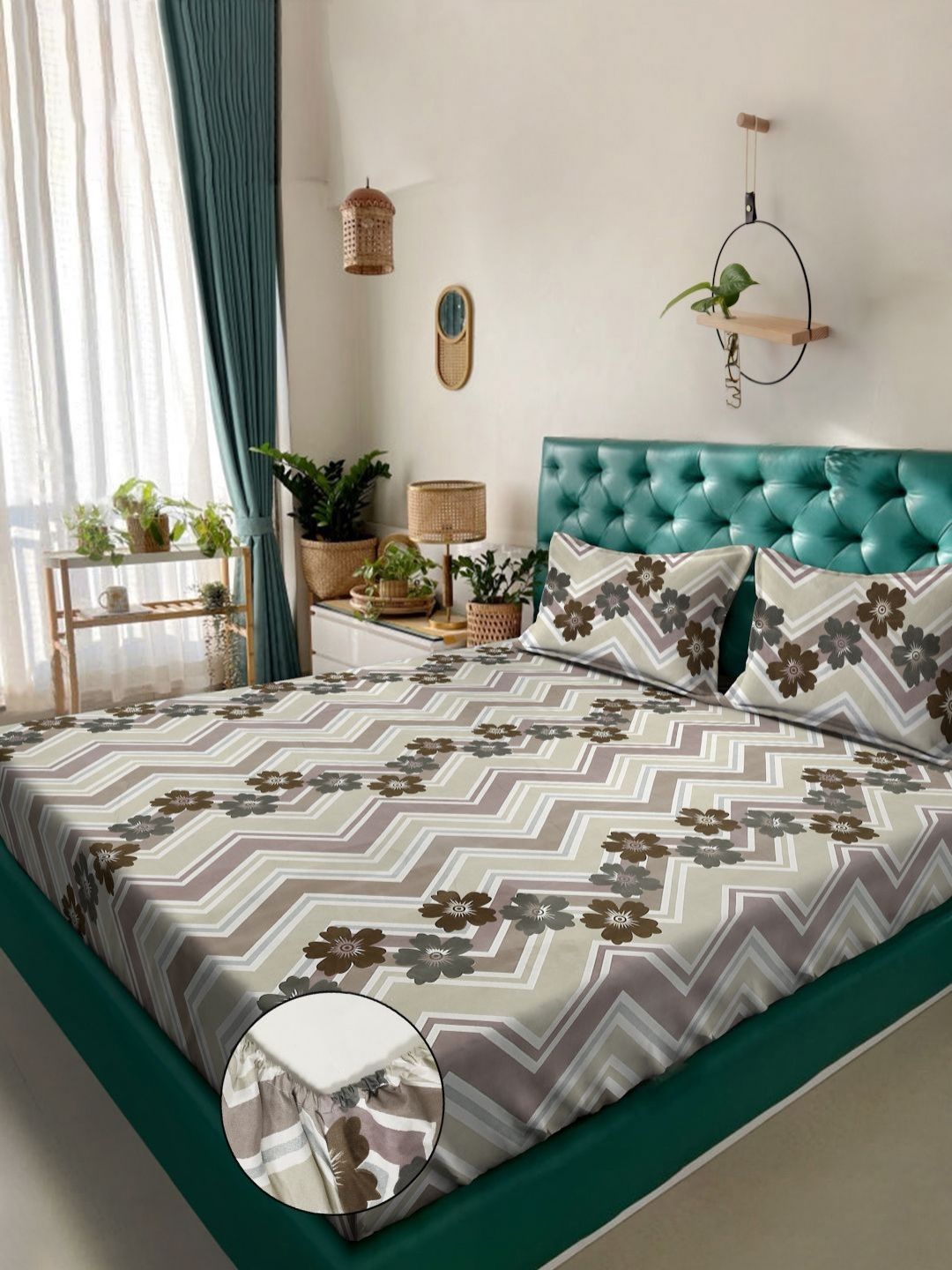 Aura Beige & Brown Floral Printed 300 TC Set Cadar Double King-2.50 m X 2.25 m