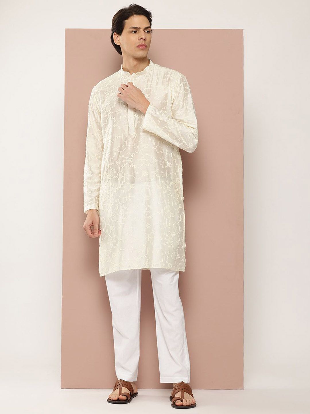 See Designs Woven Design Mandarin Collar Chanderi Silk Straight Kurta