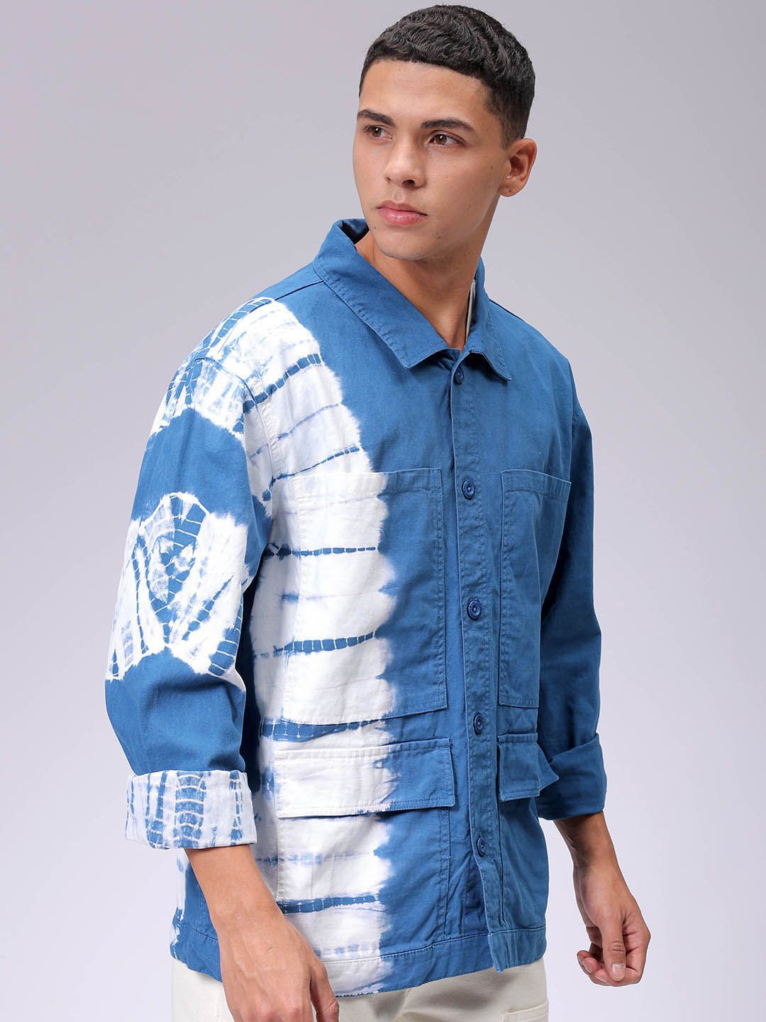 The Indian Garage Co Men Tie and Dye Denim Jacket with Patchwork