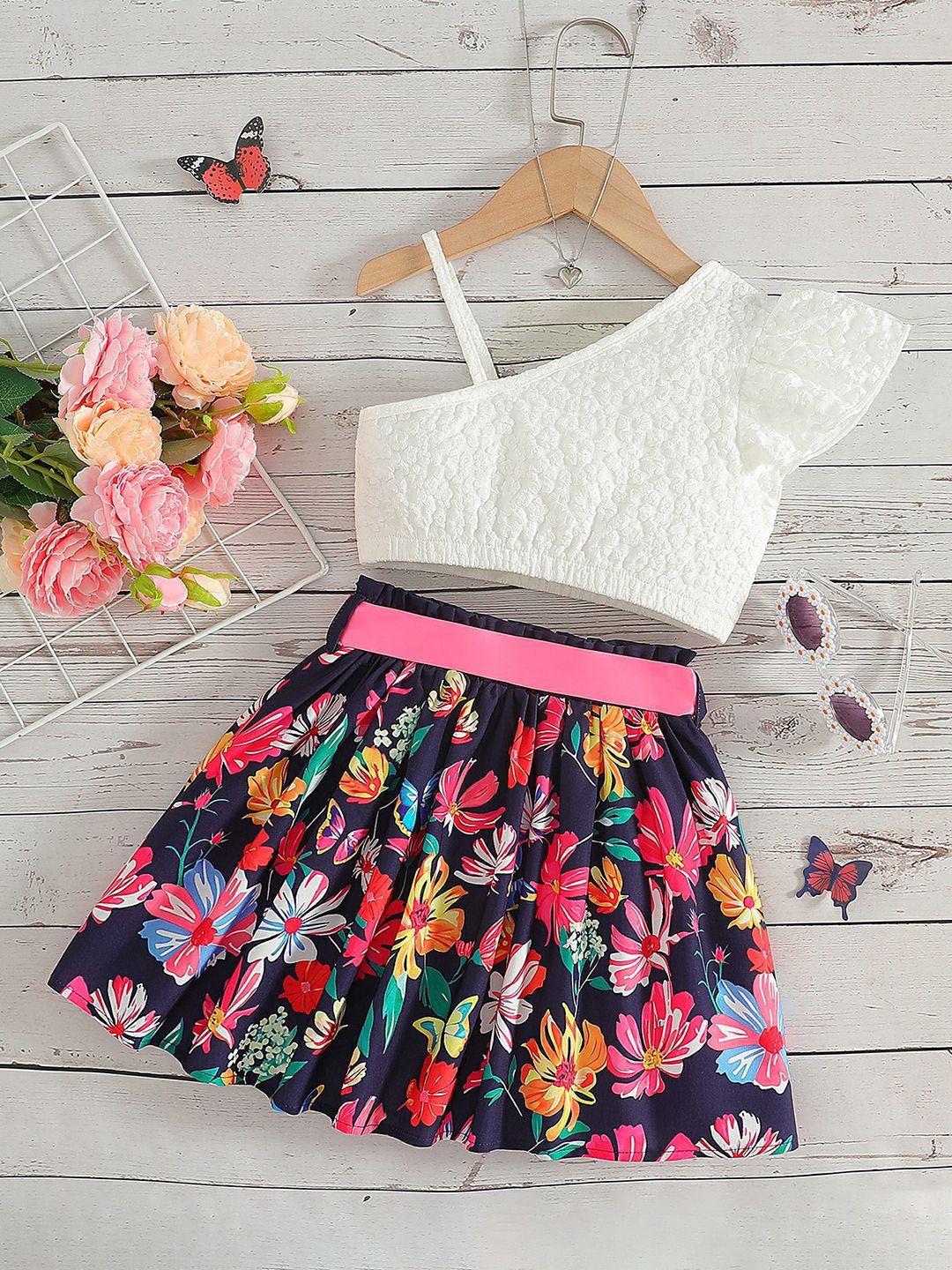 YK Girls Printed Top With Skirt Clothing Set