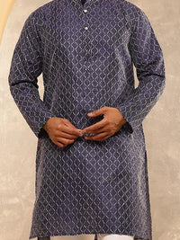 Anouk Geometric Embroidered Band Collar Thread Work Straight Cotton Silk Kurta