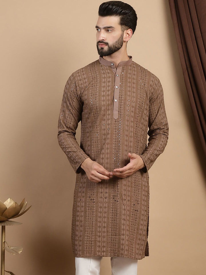 Anouk Brown Ethnic Embroidered Sequined Straight Pure Cotton Kurta