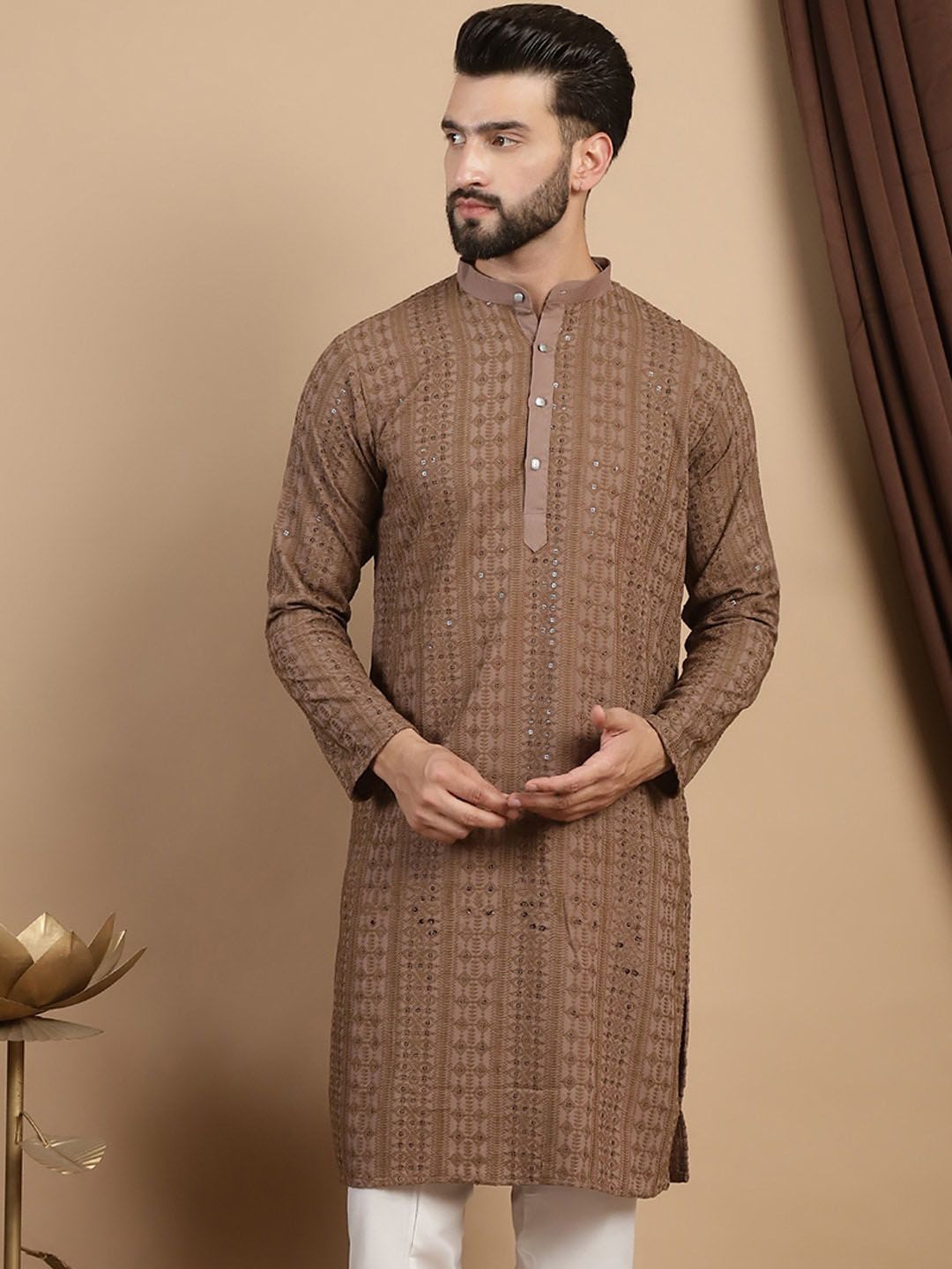 Anouk Brown Ethnic Embroidered Sequined Straight Pure Cotton Kurta