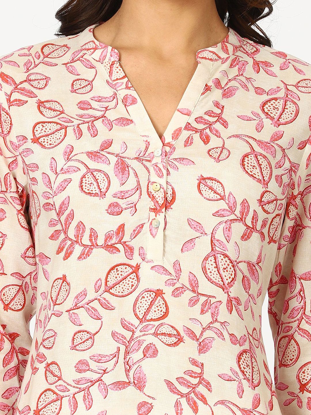 W Beige Floral Printed Mandarin Collar Three-Quarter Sleeves Regular Straight Kurta