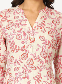 W Beige Floral Printed Mandarin Collar Three-Quarter Sleeves Regular Straight Kurta