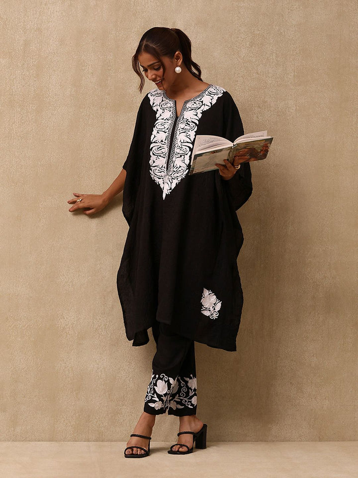 House of Chikankari Women Black Cotton Aari Embroidered Kaftan Set