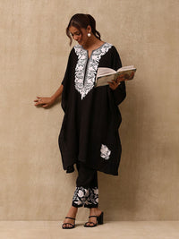 House of Chikankari Women Black Cotton Aari Embroidered Kaftan Set