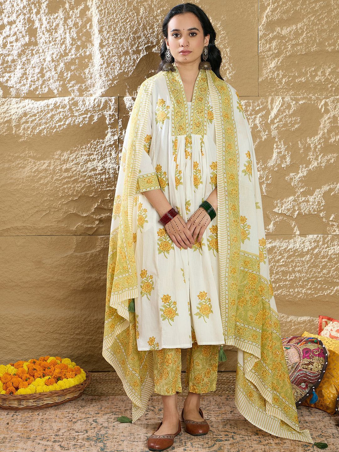 Indo Era Women Floral Printed Pleated Pure Cotton Kurta with Trousers & Dupatta
