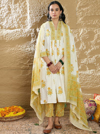 Indo Era Women Floral Printed Pleated Pure Cotton Kurta with Trousers & Dupatta