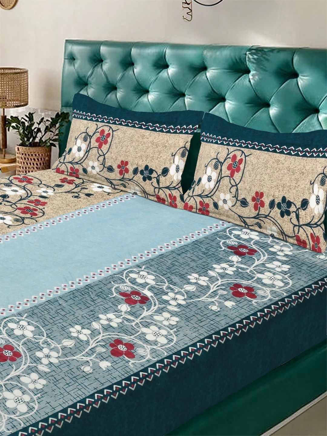 KLOTTHE Beige & Grey Floral Printed Flat 300 TC King Double Bedsheet With 2 Pillow Cover
