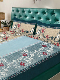 KLOTTHE Beige & Grey Floral Printed Flat 300 TC King Double Bedsheet With 2 Pillow Cover