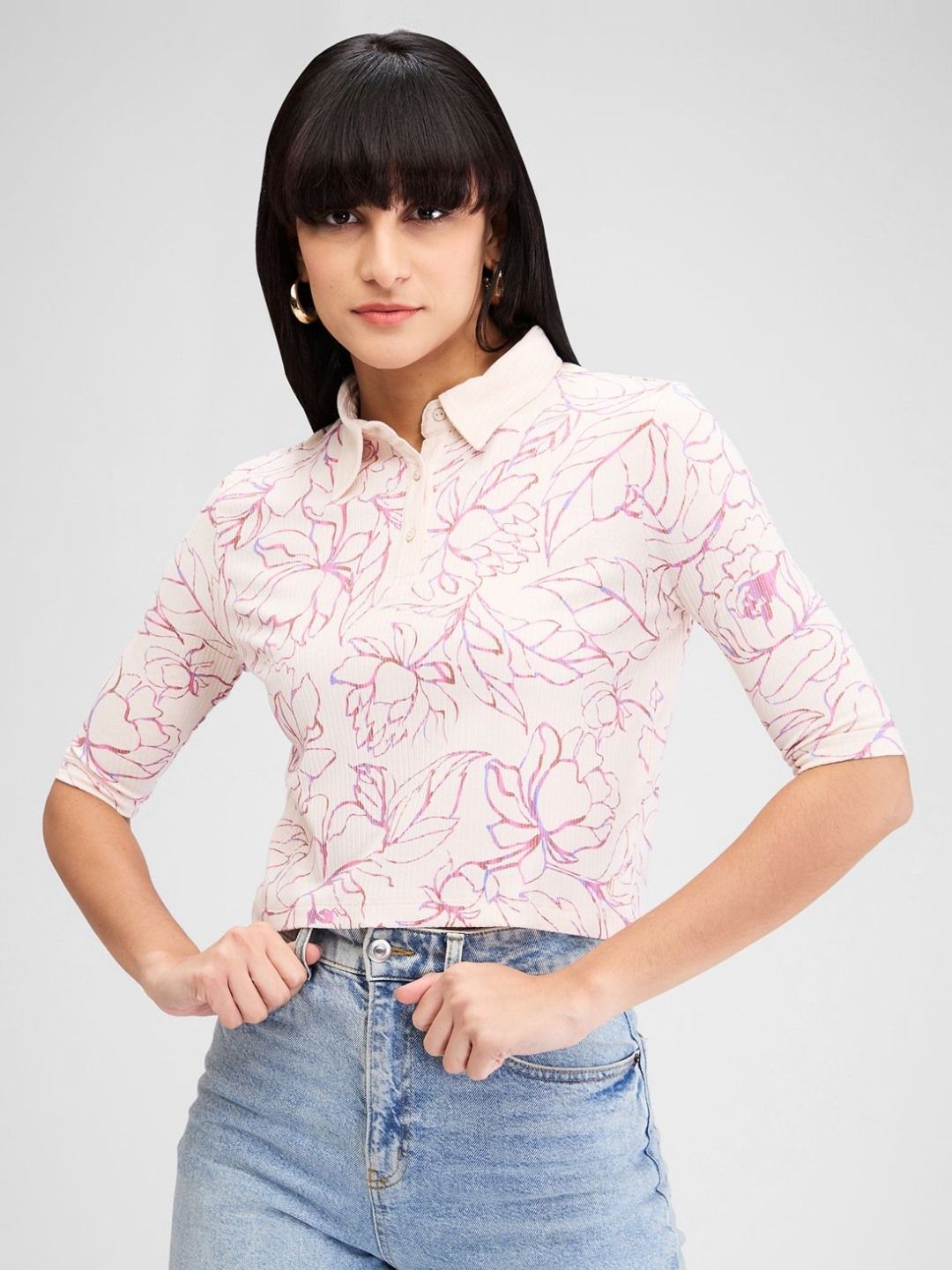 SPYKAR Women Floral Printed Polo Collar Tropical Slim Fit T-shirt