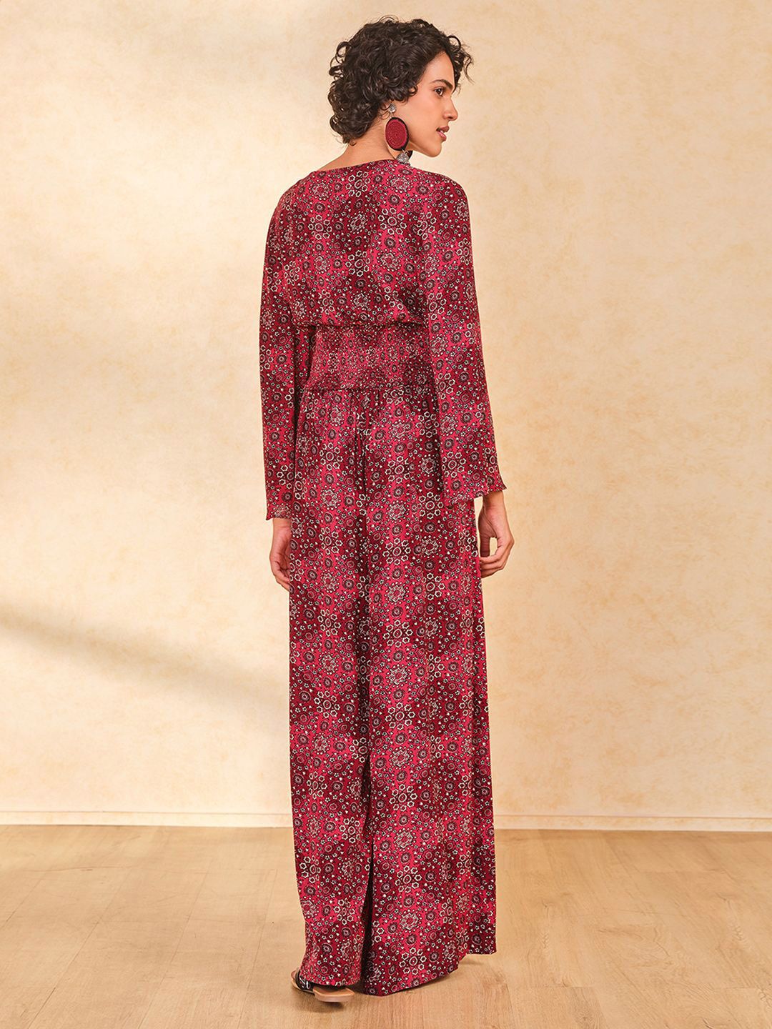 Global Desi Printed V-Neck Top With Palazzo