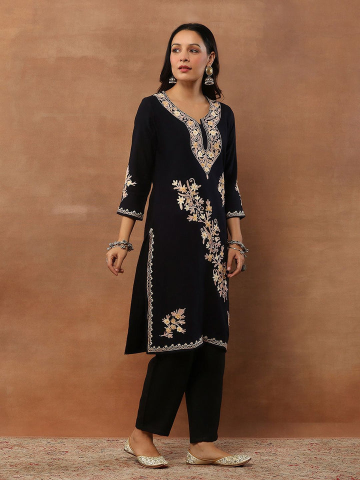 House of Chikankari Women Black Woolen Aari Sulam Kurta