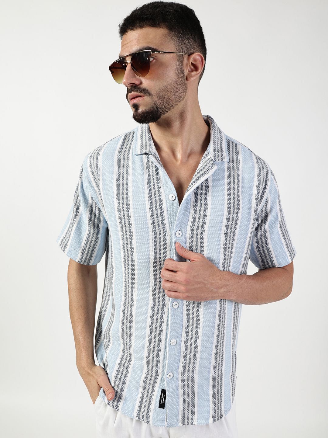Thomas Scott Men Premium Spread Collar Vertical Striped Cotton Slim Fit Casual Shirt