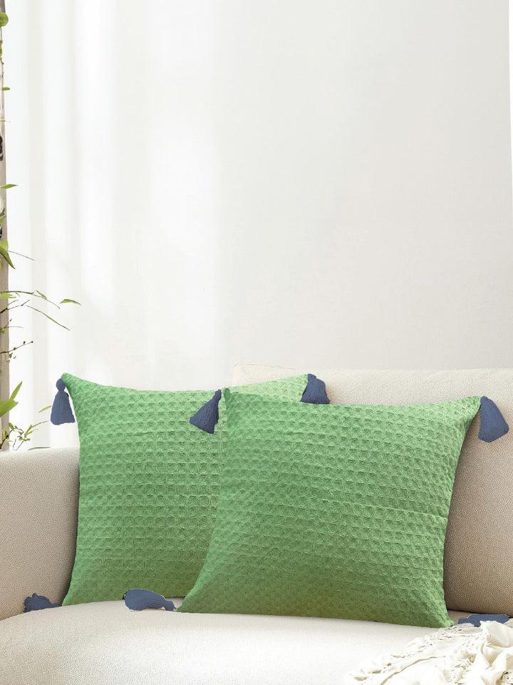URBAN SPACE Green & Blue 2 Pieces Checked Pure Cotton Square Cushion Covers