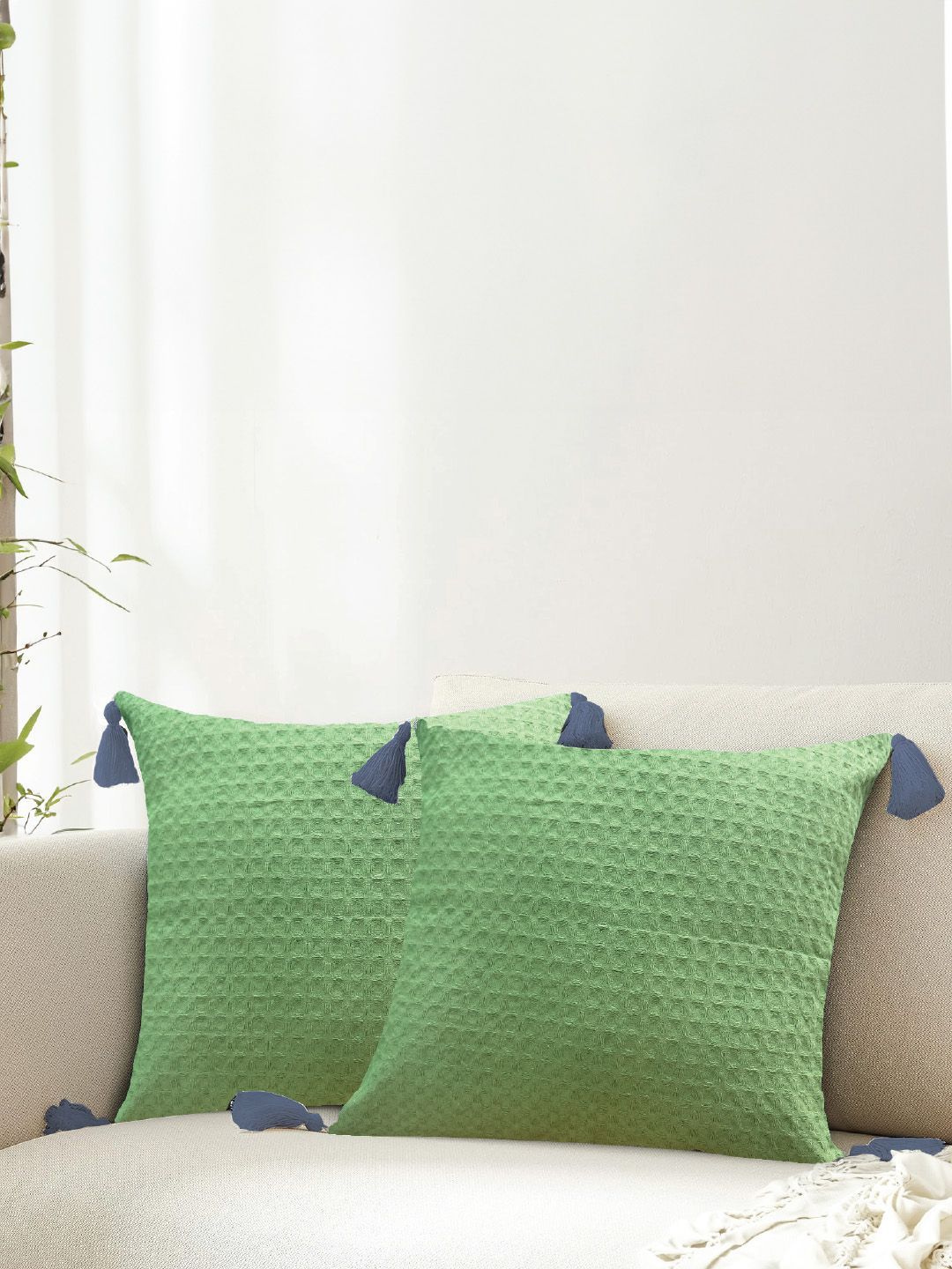 URBAN SPACE Green & Blue 2 Pieces Checked Pure Cotton Square Cushion Covers