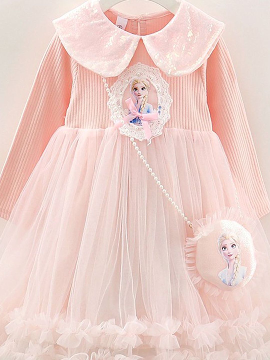 YK Kids-Girls Self Design Peter Pan Collar Barbie Character Fit & Flare Knee Length Dress