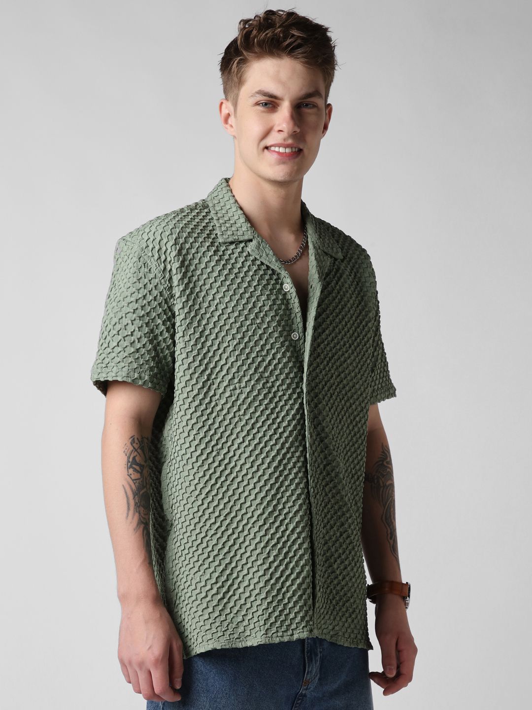 VASTRADO Men Classic Oversized Fit Cuban Collar Textured Casual Shirt