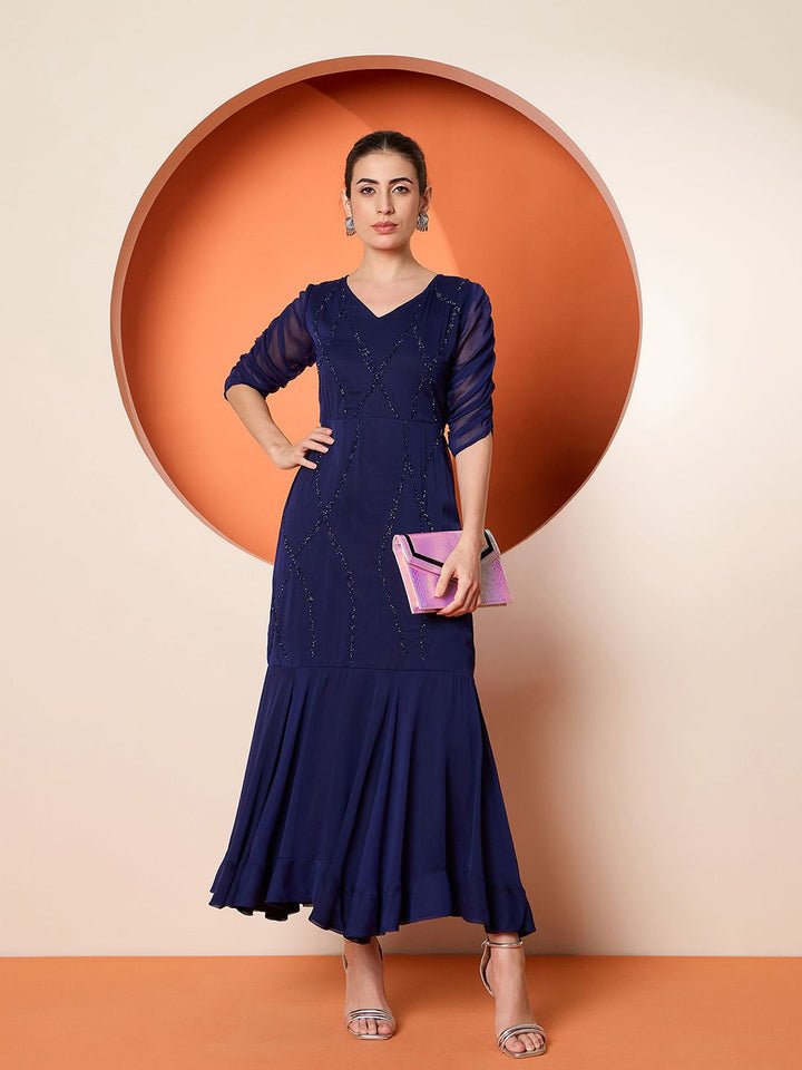 Antheaa Women Embellished Chiffon Three-Quarter Sleeves Maxi Dress