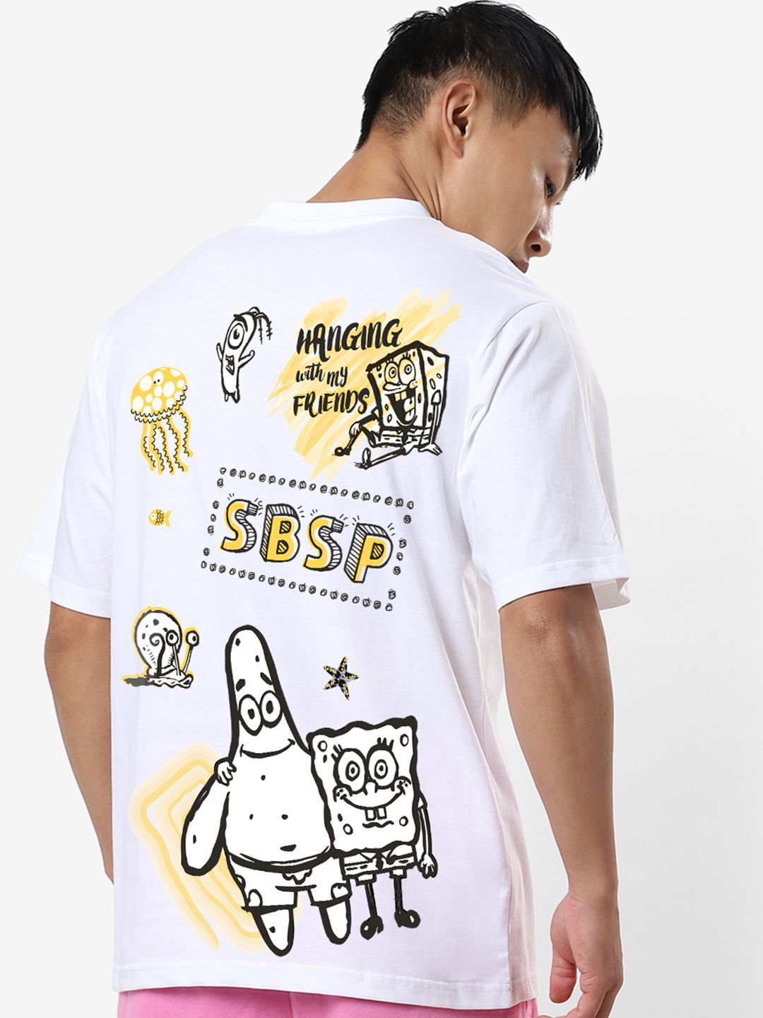 Bewakoof Men Graphic Printed Round Neck Pure Cotton Oversized Spongebob T-shirt