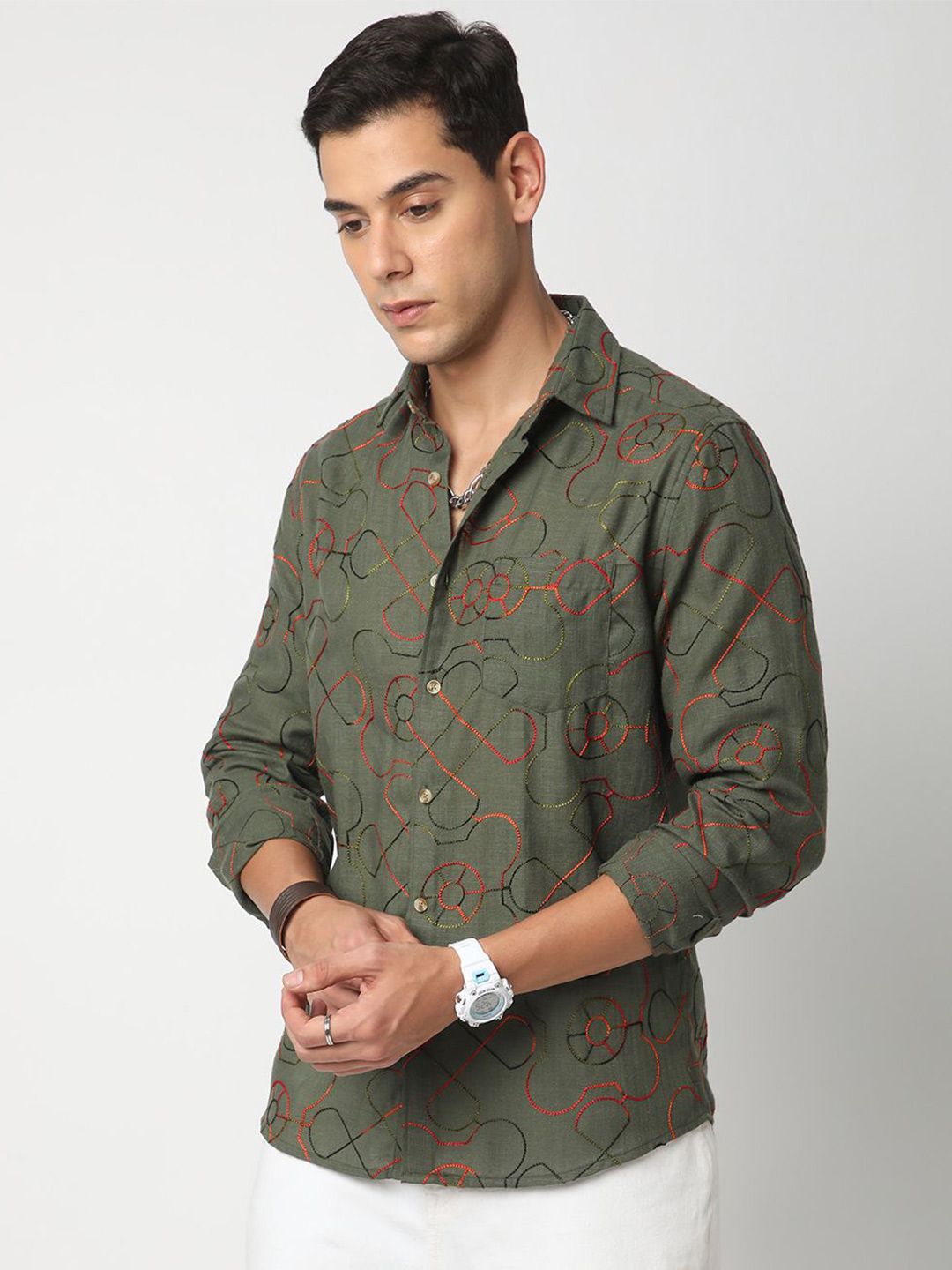 VASTRADO Men Classic Geometric Self Design Cotton Slim Fit Casual Shirt