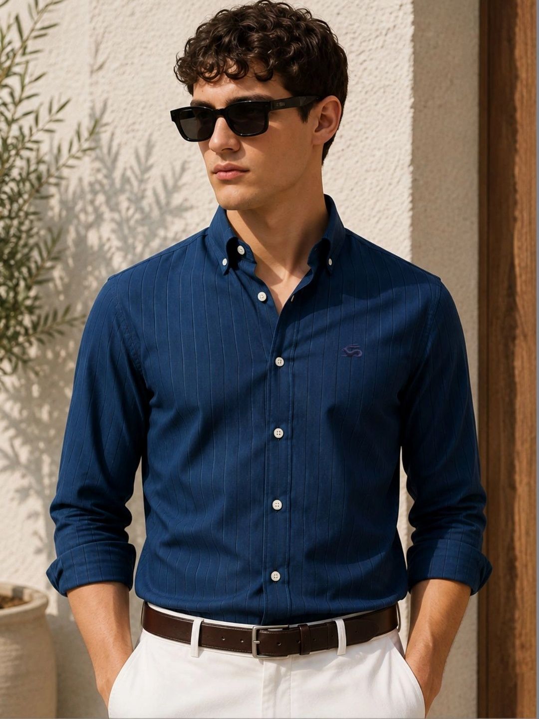 ADRO Men Navy Blue Striped Regular Fit Casual Cotton Shirt