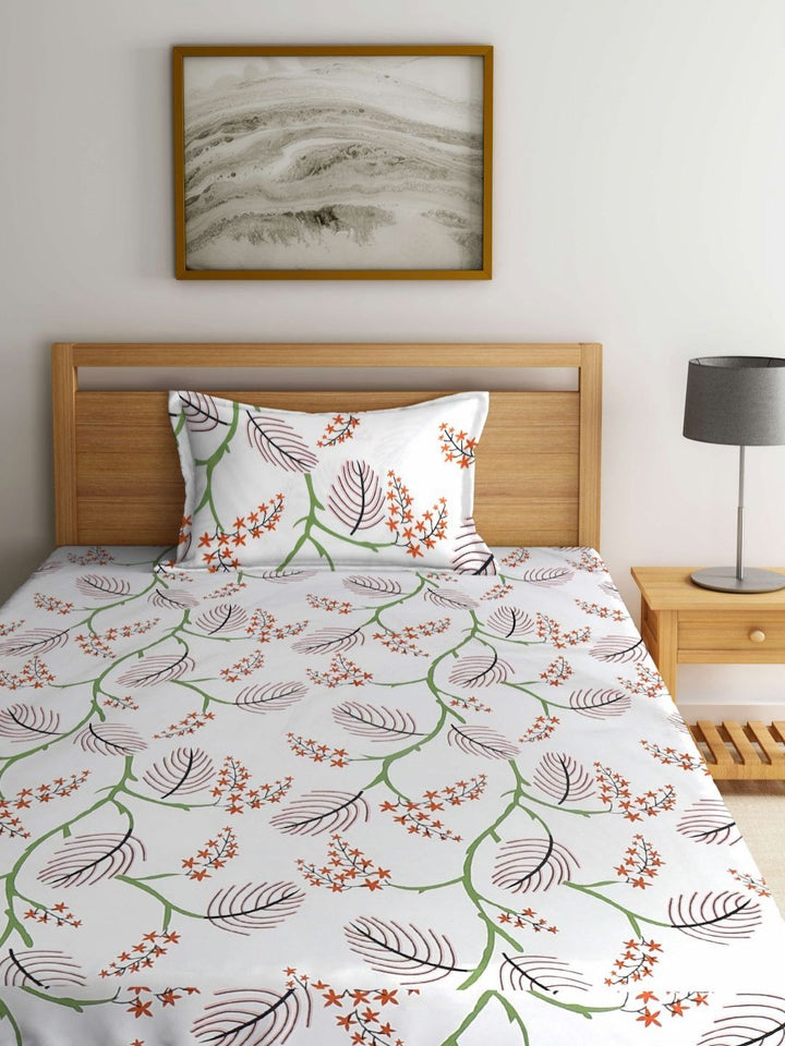 Myntra Elegant Homes White Floral Polycotton 300 TC Fitted Single Fine Bedsheet with a Pillow Cover-89 x 59 inches