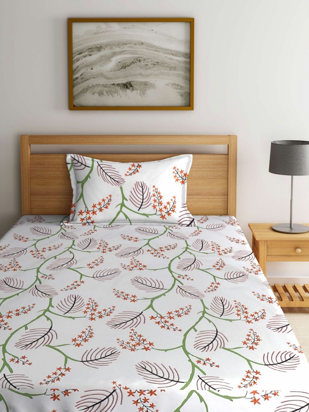 Myntra Elegant Homes White Floral Polycotton 300 TC Fitted Single Fine Bedsheet with a Pillow Cover-89 x 59 inches