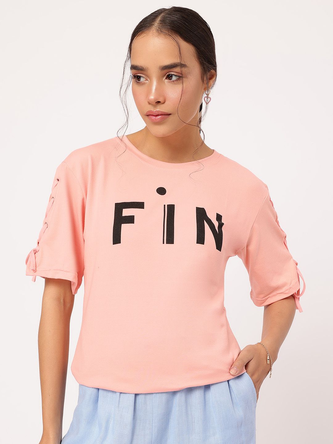 DressBerry Tik Talk Printed Lace-Up Sleeves T-shirt