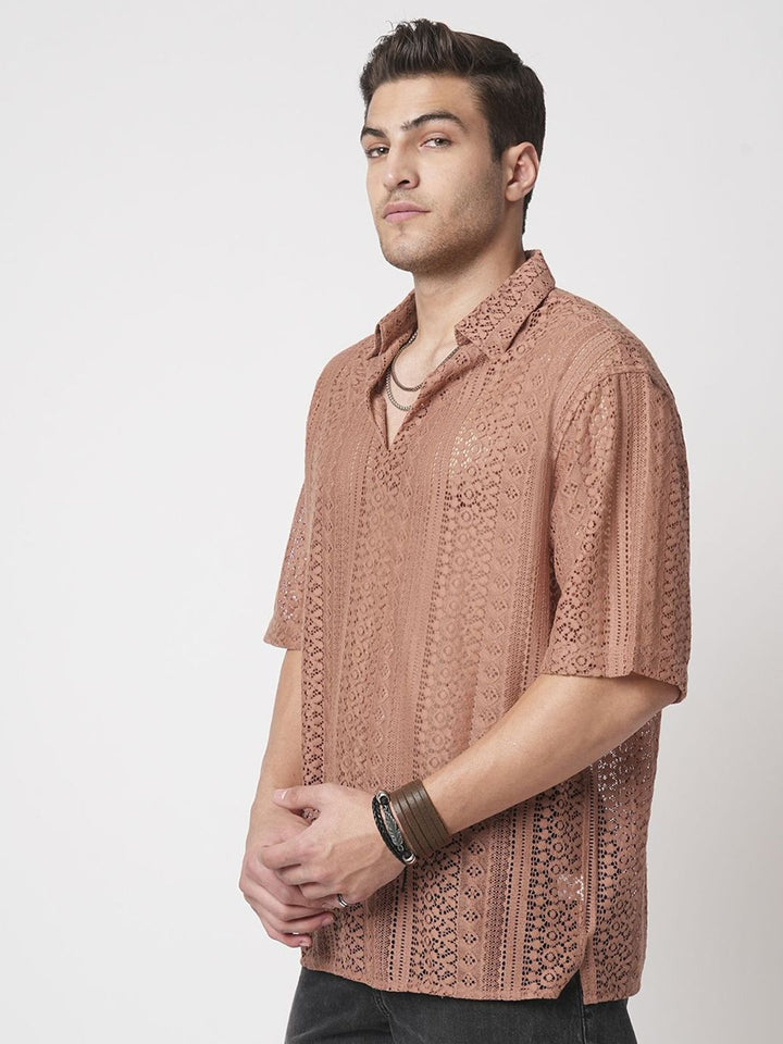 VASTRADO Men Classic Oversized Fit Spread Collar Textured Cotton Casual Shirt