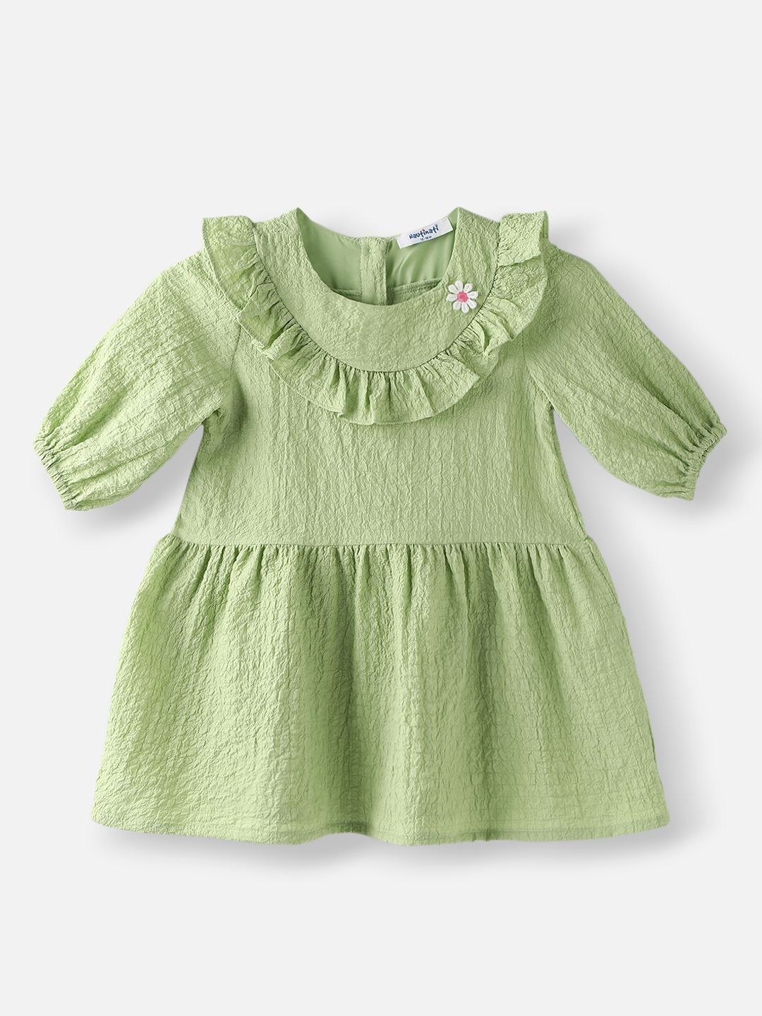 Nauti Nati Girls Green Cotton Crepe Dress with Floral Brooch