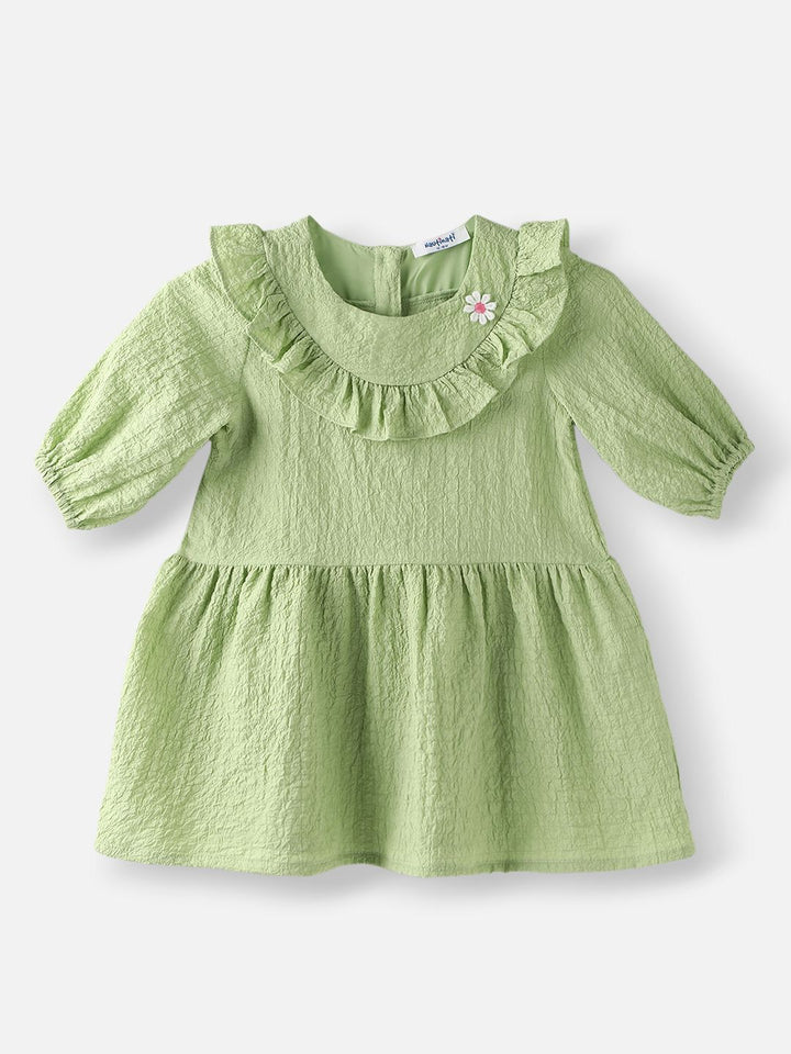 Nauti Nati Girls Green Cotton Crepe Dress with Floral Brooch