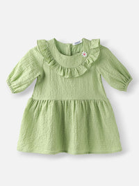 Nauti Nati Girls Green Cotton Crepe Dress with Floral Brooch