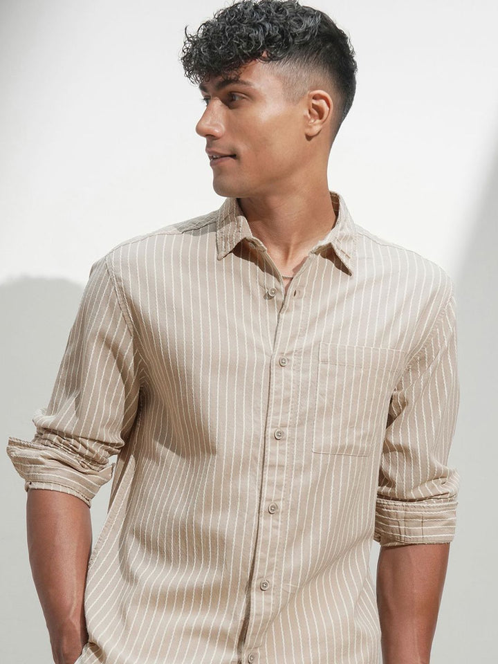 HIGHLANDER Men Comfort Relaxed Fit Vertical Striped Spread Collar Casual Shirt