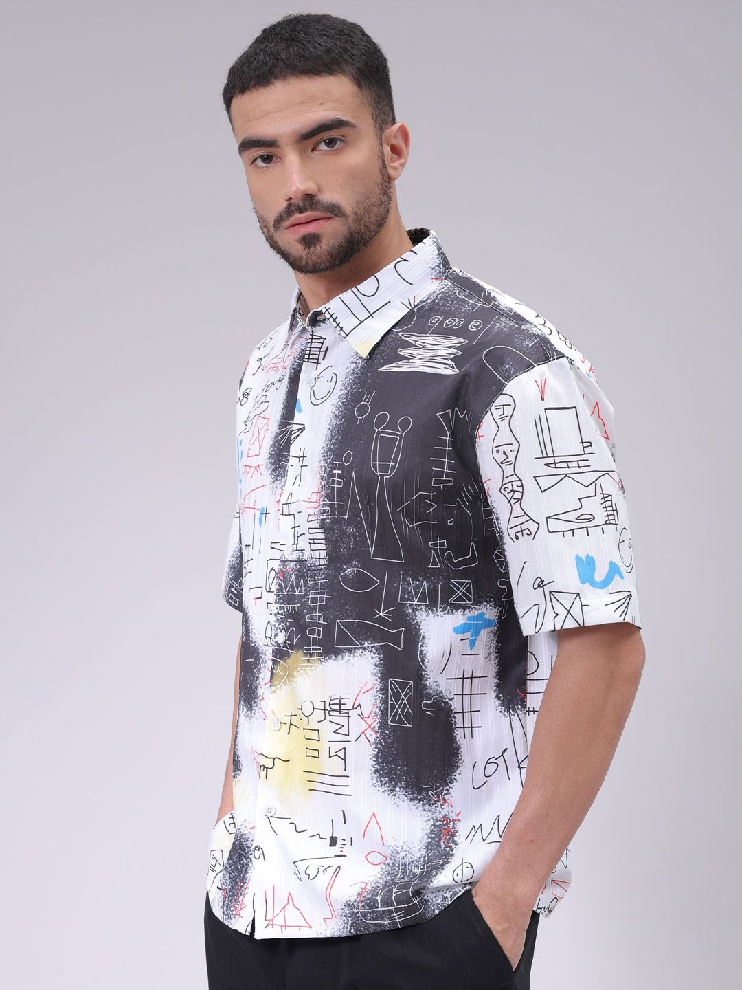 The Indian Garage Co Men Cutaway Collar Abstract Printed Boxy Fit Resortwear Shirt