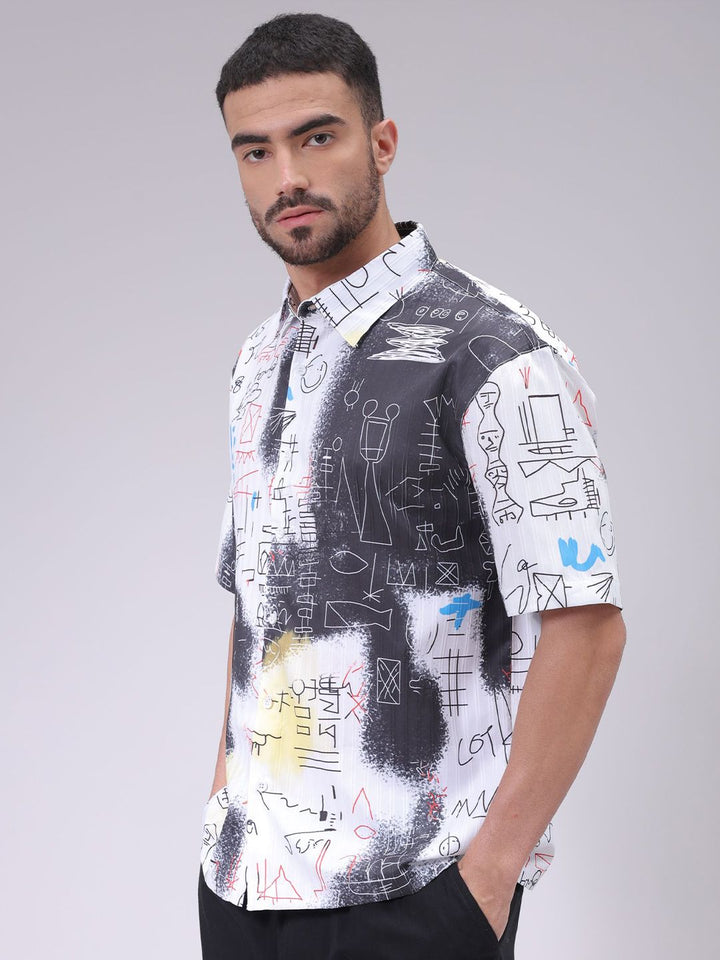 The Indian Garage Co Men Cutaway Collar Abstract Printed Boxy Fit Resortwear Shirt