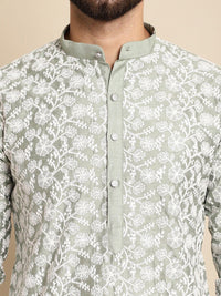 Anouk Floral Embroidered Band Collar Silk Cotton Straight Kurta